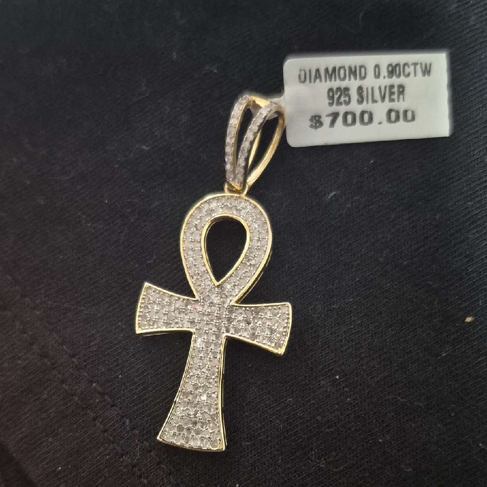 925 Silver Gold Vermeil Diamond Ankh Pendant 0.90 CTW